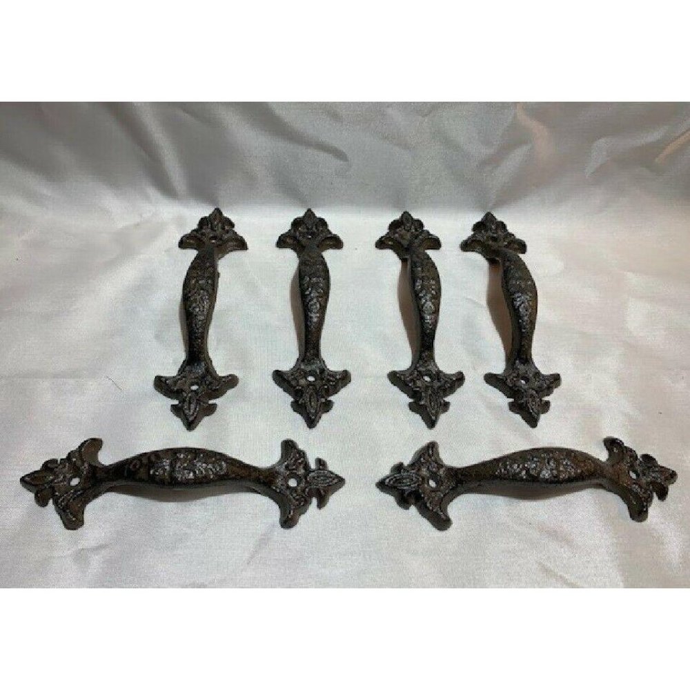 Set of  Six (6) Cast Iron 6 1/2" long Fleur-De-Lis Gate Drawer Handles 0184-0040